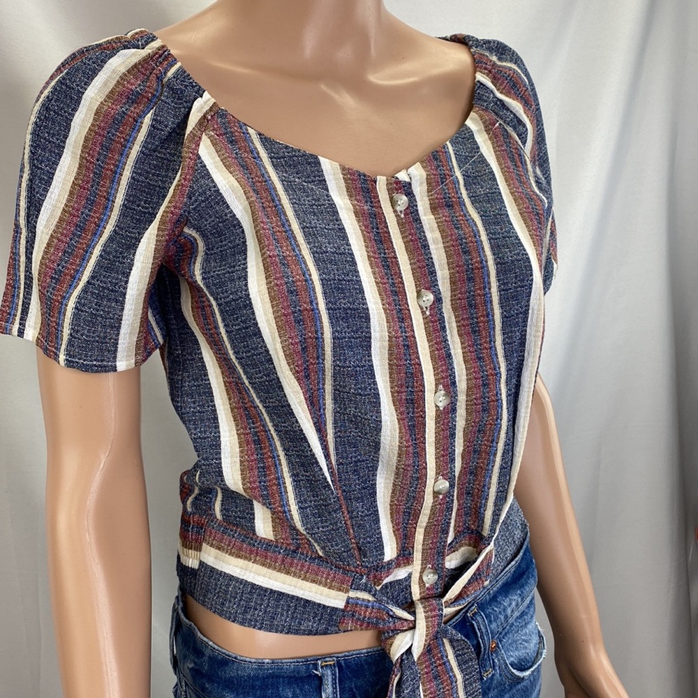 Drew Short Sleeve Button Down Striped Top Attached Tie Belt Blue/Maroon SZ S